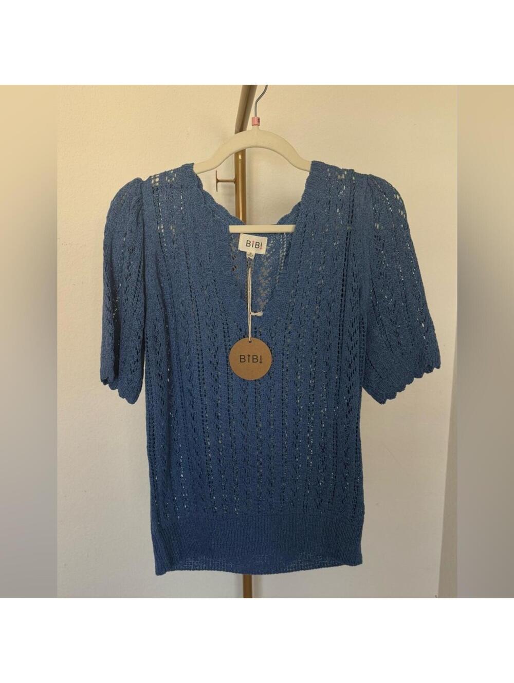 BiBi Blue Open-Knit V-Neck Short Sleeve Sweater